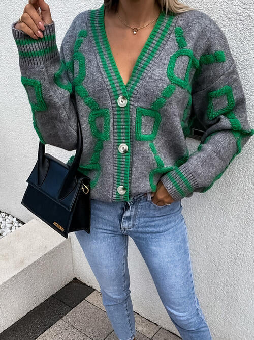 Geometric Dropped Shoulder Button Down Cardigan-Teresa's Fashionista LLC