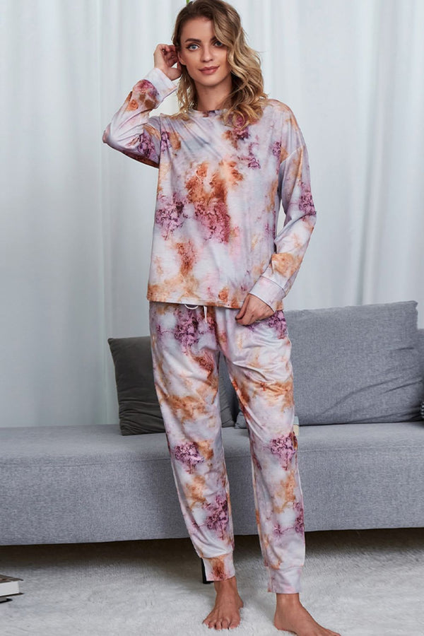 Tie-Dye Crewneck Top and Drawstring Waist Joggers Lounge Set-Teresa's Fashionista LLC