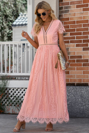 Scalloped Trim Lace Plunge Dress-Teresa's Fashionista LLC