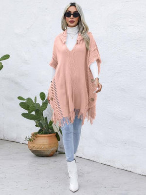 Fringe Trim Buttoned Hooded Poncho-Teresa's Fashionista LLC