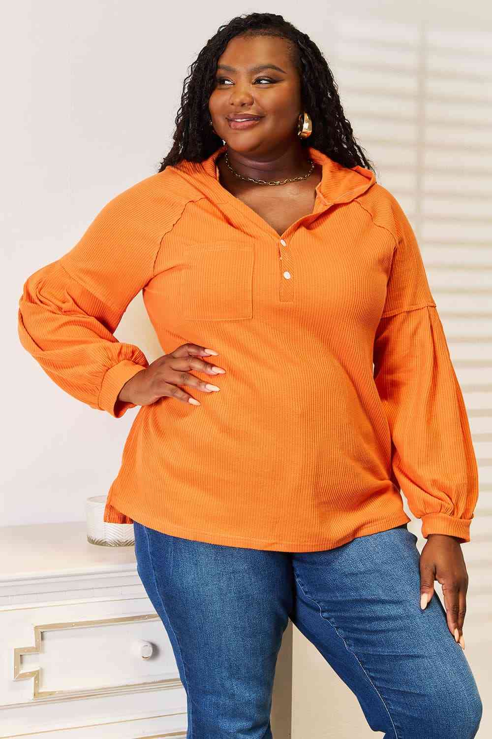 Basic Bae Side Slit Buttoned Waffle Knit Hoodie-Teresa's Fashionista LLC