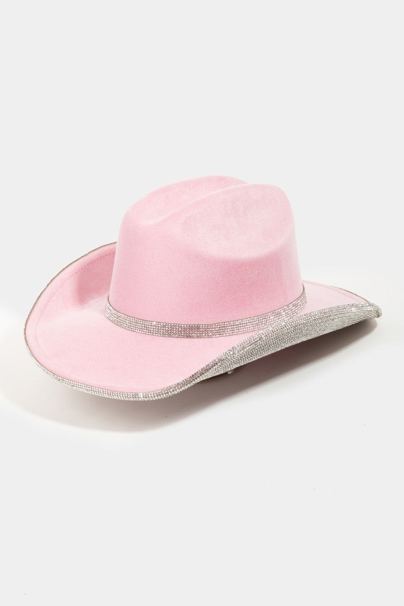 Fame Pave Rhinestone Trim Faux Suede Hat-Teresa's Fashionista LLC