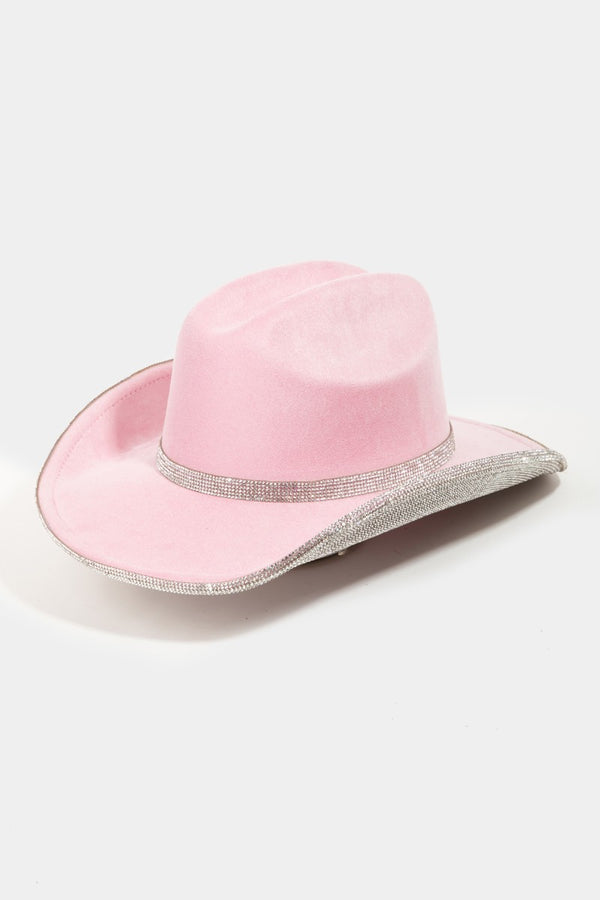 Fame Pave Rhinestone Trim Faux Suede Hat-Teresa's Fashionista LLC