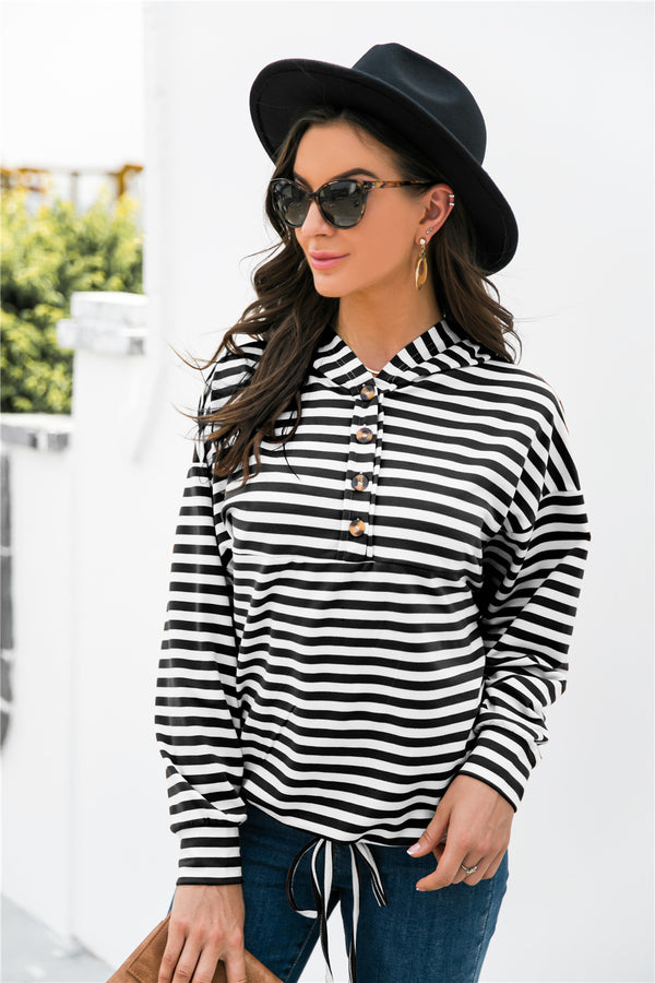 Striped Half-Button Dropped Shoulder Hoodie-Teresa's Fashionista LLC