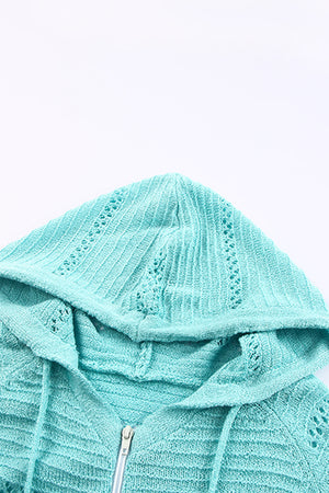 Zip-Up Raglan Sleeve Openwork Hooded Cardigan-Teresa's Fashionista LLC