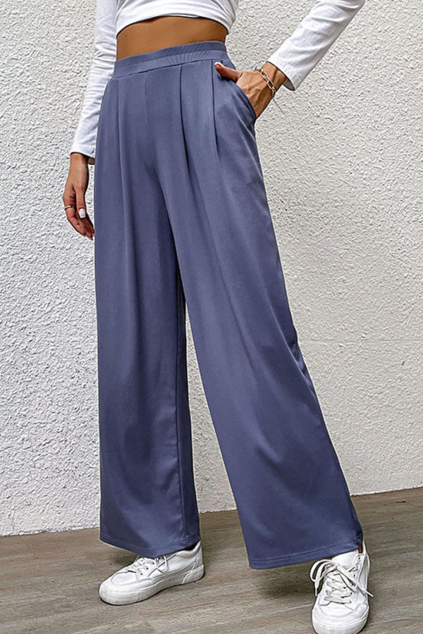 Pleated Detail Wide-Leg Pants with Pockets-Teresa's Fashionista LLC