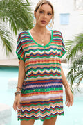 Rainbow Stripe Scalloped V-Neck Cover-Up Dress-Teresa's Fashionista LLC