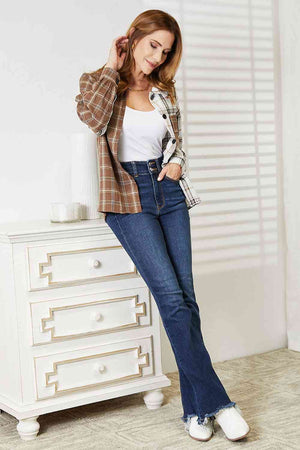 Double Take Plaid Contrast Button Up Shirt Jacket-Teresa's Fashionista LLC