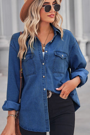 Collared Neck Dropped Shoulder Denim Top-Teresa's Fashionista LLC