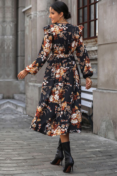 Floral Surplice Tie Front Ruffle Hem Midi Dress-Teresa's Fashionista LLC