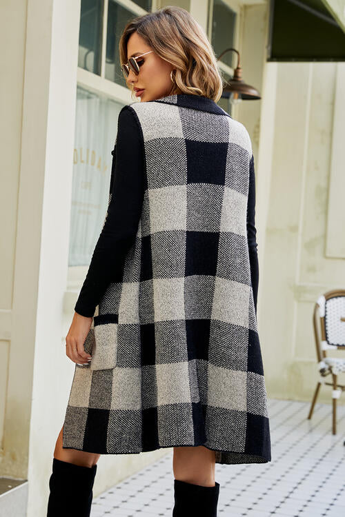 Plaid Open Front Sleeveless Cardigan with Pockets-Teresa's Fashionista LLC