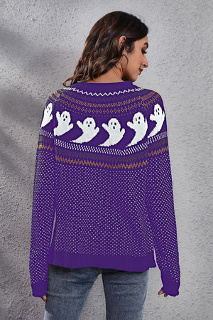 Ghost Pattern Round Neck Long Sleeve Sweater-Teresa's Fashionista LLC