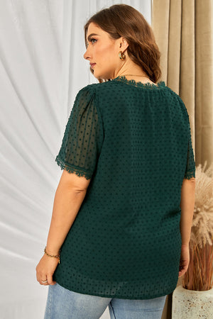 Plus Size Swiss Dot Spliced Lace V-Neck Blouse-Teresa's Fashionista LLC