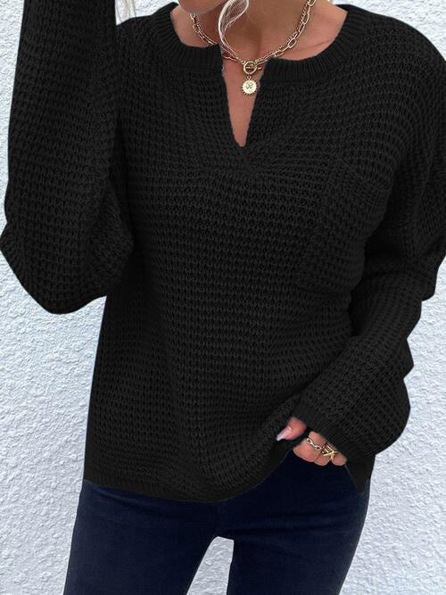 Notched Long Sleeve Sweater-Teresa's Fashionista LLC