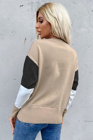 Color Block Ribbed Trim Round Neck Knit Pullover-Teresa's Fashionista LLC