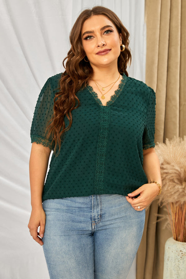 Plus Size Swiss Dot Spliced Lace V-Neck Blouse-Teresa's Fashionista LLC