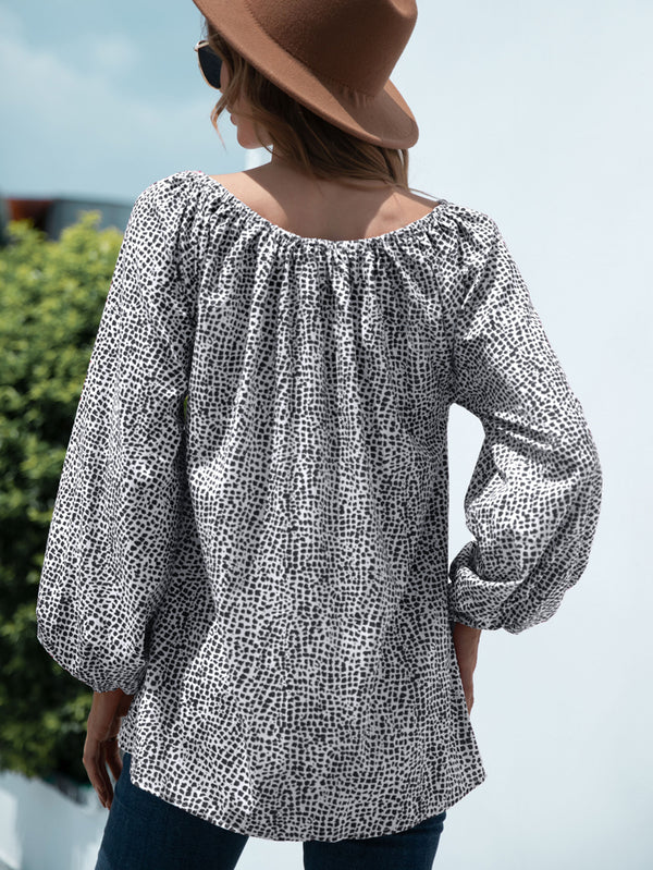 Printed Tie-Neck Balloon Sleeve Blouse-Teresa's Fashionista LLC