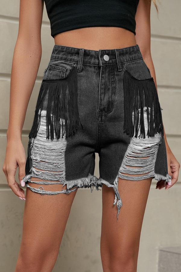 Fringe Trim Distressed Denim Shorts with Pockets-Teresa's Fashionista LLC