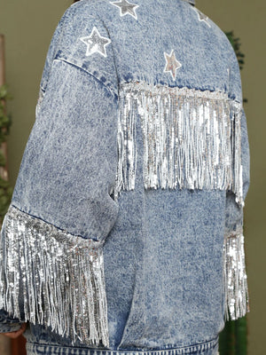 Fringe Detail Long Sleeve Denim Jacket-Teresa's Fashionista LLC
