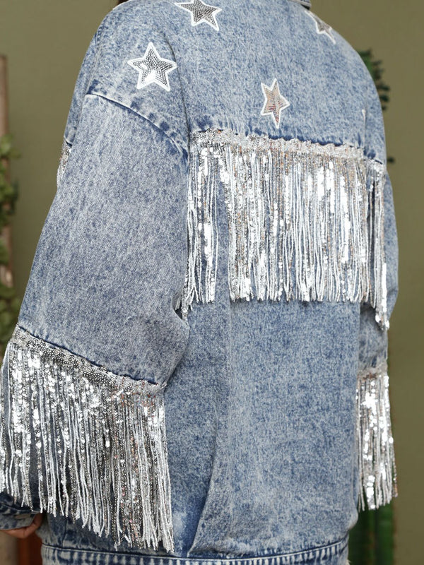Fringe Detail Long Sleeve Denim Jacket-Teresa's Fashionista LLC