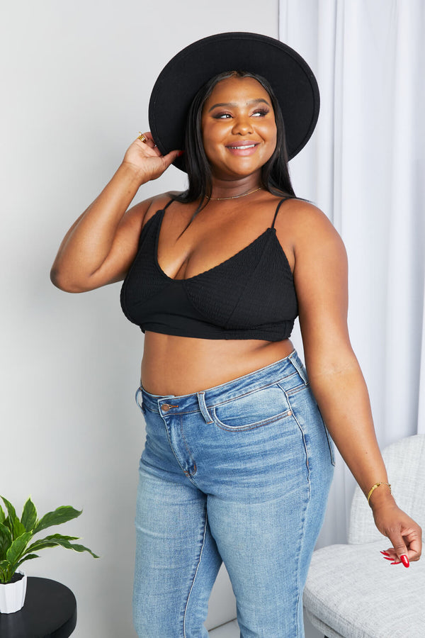Zenana Full Size Textured Spaghetti Strap Bralette in Black-Teresa's Fashionista LLC