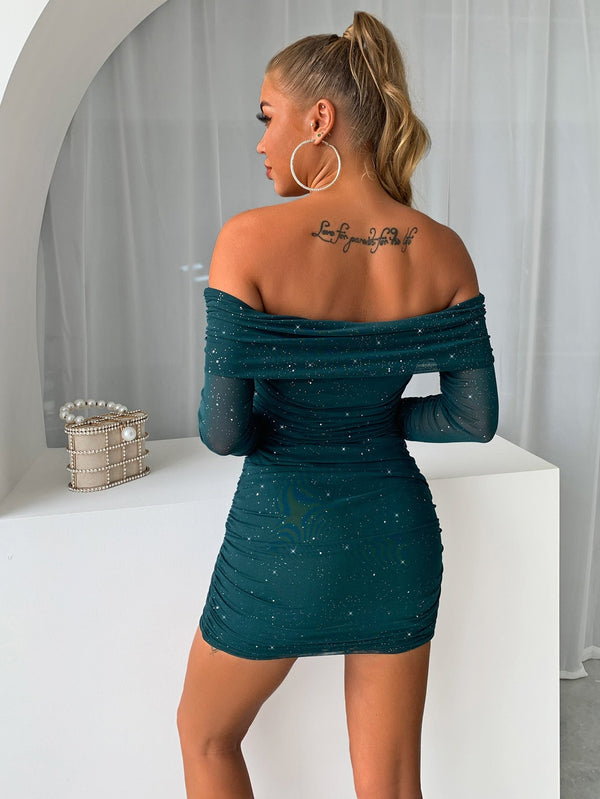 Glitter Mesh Off-Shoulder Ruched Mini Dress-Teresa's Fashionista LLC