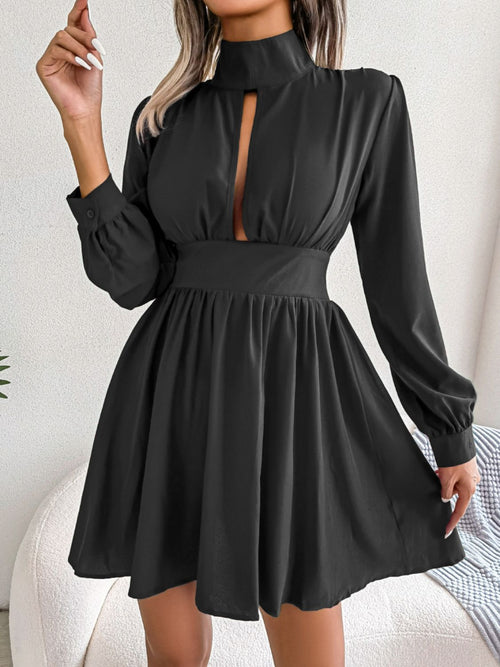 Cutout Turtleneck A-Line Mini Dress with Keyhole Neckline and Long Sleeves
