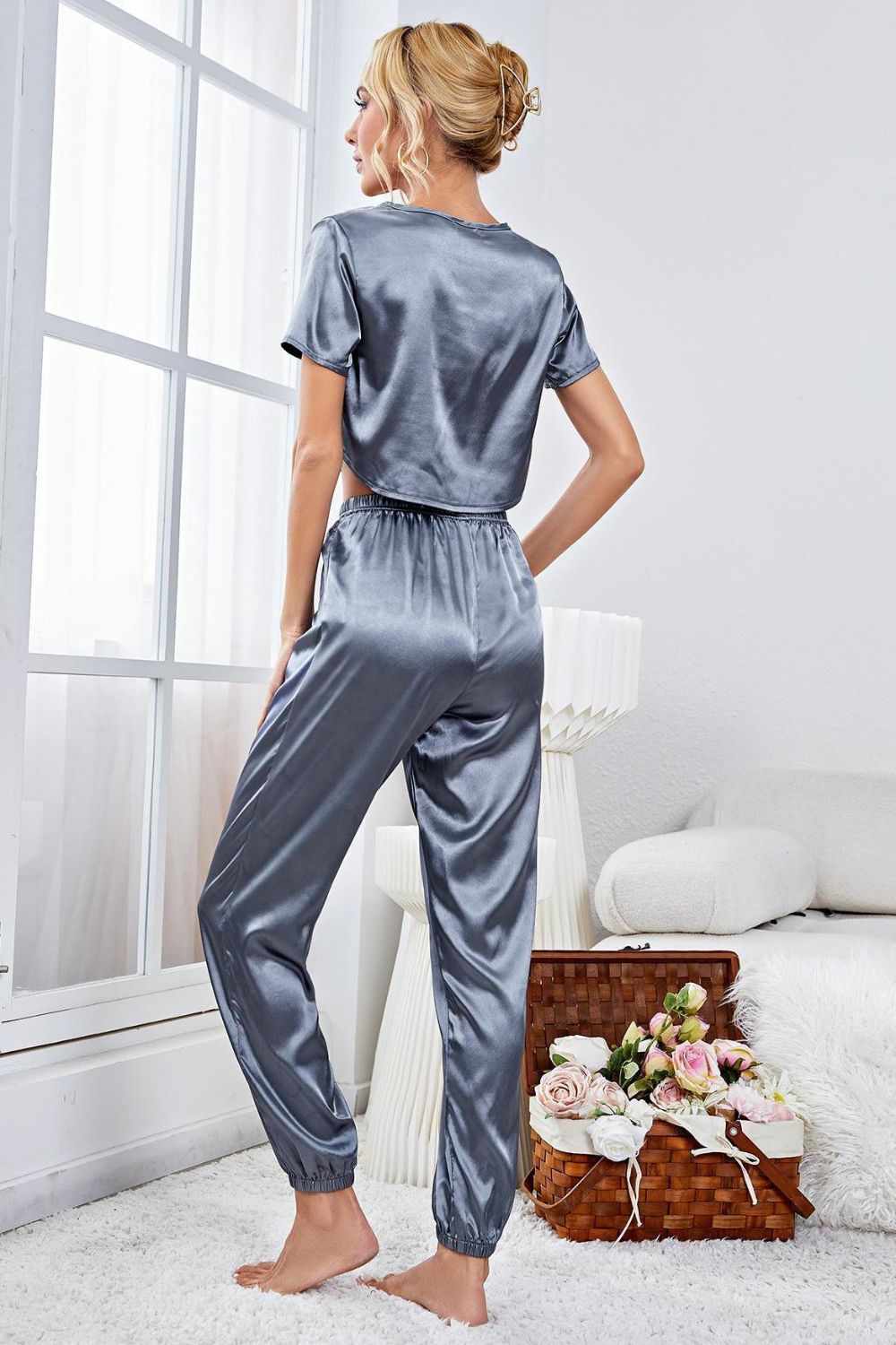 Satin Short Sleeve Crop Top and Joggers Lounge Set-Teresa's Fashionista LLC