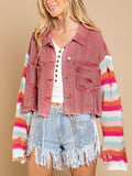 Distressed Striped Long Sleeve Denim Jacket-Teresa's Fashionista LLC