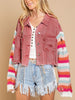 Distressed Striped Long Sleeve Denim Jacket-Teresa's Fashionista LLC
