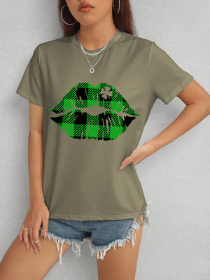 Plaid Lip Graphic Round Neck T-Shirt-Teresa's Fashionista LLC