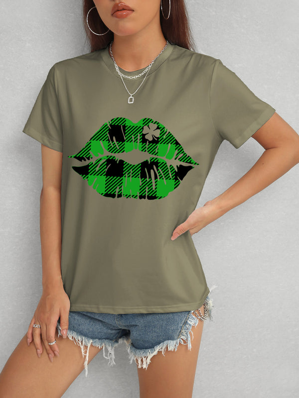 Plaid Lip Graphic Round Neck T-Shirt-Teresa's Fashionista LLC