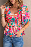 Printed V-Neck Babydoll Blouse-Teresa's Fashionista LLC