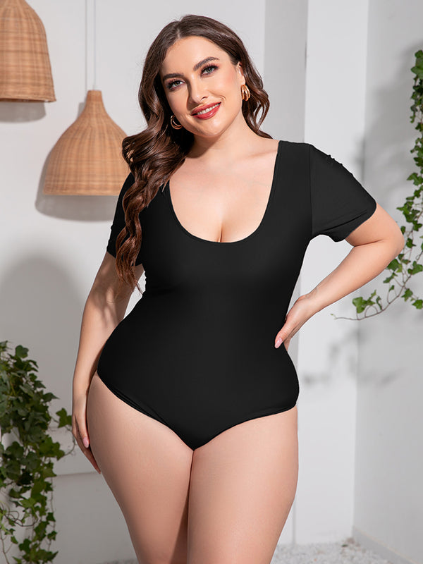 Plus Size Scoop Neck Short Sleeve One-Piece Swimsuit-Teresa's Fashionista LLC