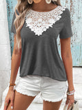 Spliced Lace Contrast Short Sleeve Top-Teresa's Fashionista LLC