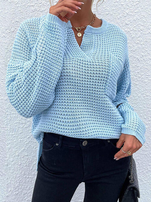 Notched Long Sleeve Sweater-Teresa&#39;s Fashionista LLC