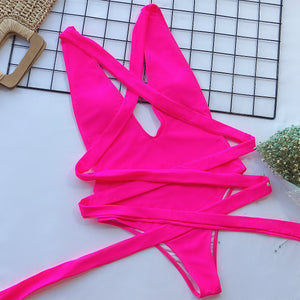 Halter Neck Deep V Tied One-Piece Swimsuit-Teresa's Fashionista LLC