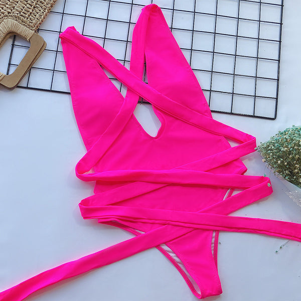 Halter Neck Deep V Tied One-Piece Swimsuit-Teresa's Fashionista LLC