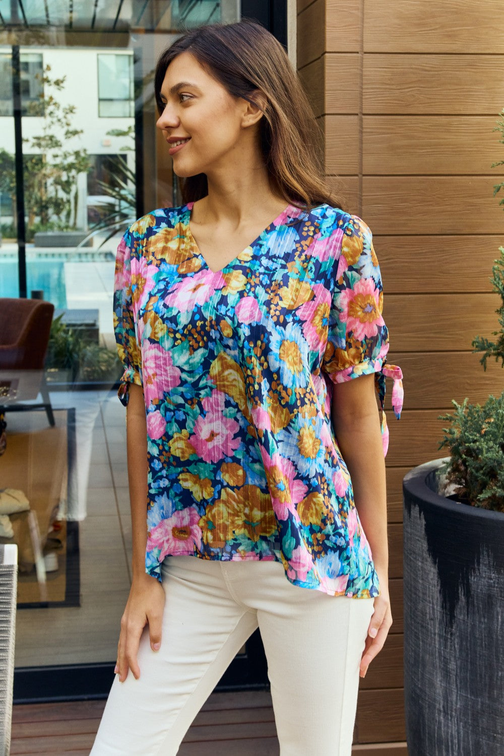 Petal Dew Full Size Floral V-Neck Tie Detail Blouse-Teresa's Fashionista LLC