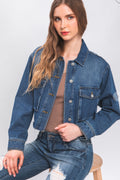 LOVE TREE Raw Hem Button Up Cropped Denim Jacket-Teresa's Fashionista LLC