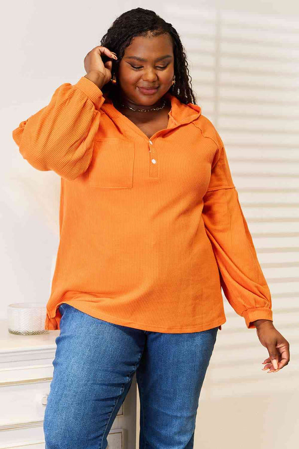Basic Bae Side Slit Buttoned Waffle Knit Hoodie-Teresa's Fashionista LLC