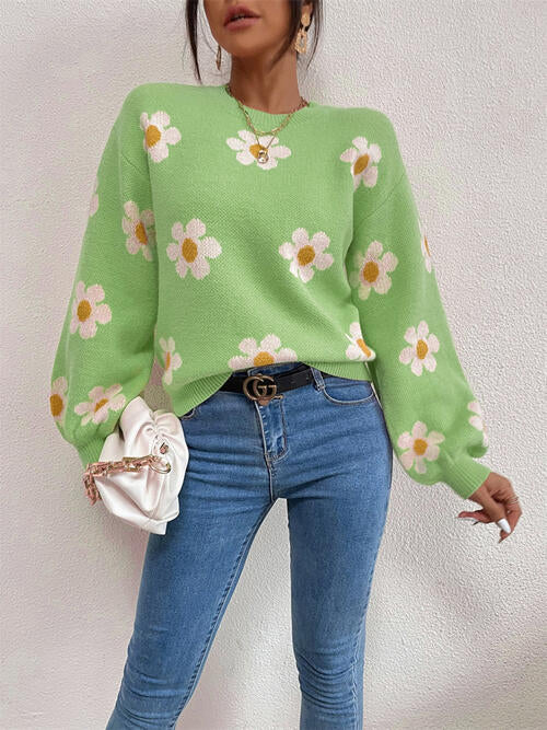 Flower Round Neck Latern Sleeve Sweater-Teresa&#39;s Fashionista LLC