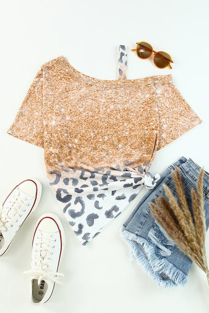 Leopard Asymmetrical Neck Cold-Shoulder Blouse-Teresa&#39;s Fashionista LLC