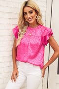 Leopard Flutter Sleeve Frill Neck Blouse-Teresa's Fashionista LLC