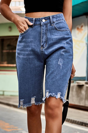 Raw Hem High Waist Denim Shorts with Pockets-Teresa's Fashionista LLC