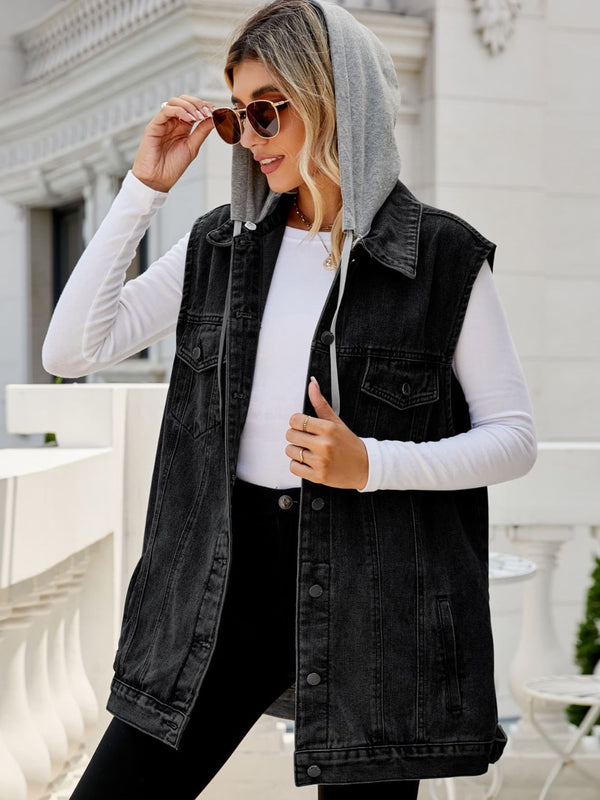 Drawstring Hooded Sleeveless Denim Top with Pockets-Teresa's Fashionista LLC