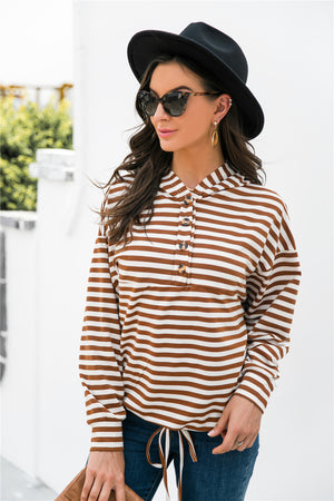 Striped Half-Button Dropped Shoulder Hoodie-Teresa's Fashionista LLC