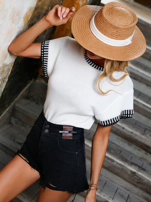 Contrast Round Neck Short Sleeve Knit Top-Teresa's Fashionista LLC