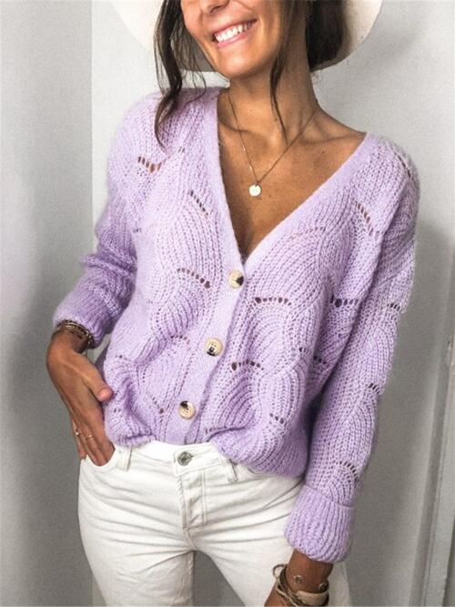 Openwork Button Up Long Sleeve Cardigan-Teresa's Fashionista LLC