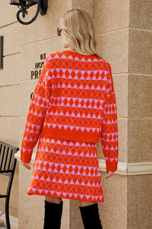 Geometric Button Front Cardigan and Skirt Set-Teresa's Fashionista LLC
